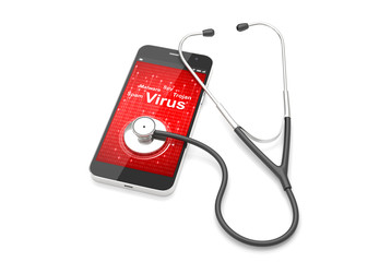 Fototapeta na wymiar Stethoscope with smartphone on the white background, Virus search concept. 3D illustration