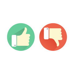 Thumb up and down green and red icons. Like and dislike round buttons in flat design
