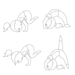 The outlines of a cartoon girl in different yoga poses are simple and airy, and gymnastic exercises