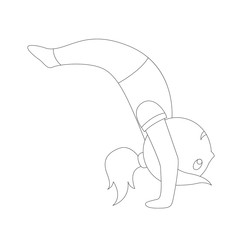 The outlines of a cartoon girl in different yoga poses are simple and airy, and gymnastic exercises
