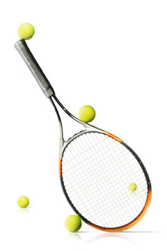 Tennis balls and racket isolated the white background