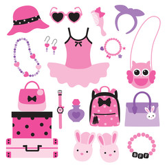 Vector illustration of little girl fashion accessories including handbags, hat, sunglasses, necklace, bracelet, backpack, slippers.