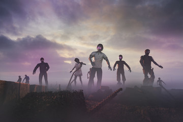 Obraz na płótnie Canvas 3D render Illustration of a zombie crowd walking at night,halloween concept