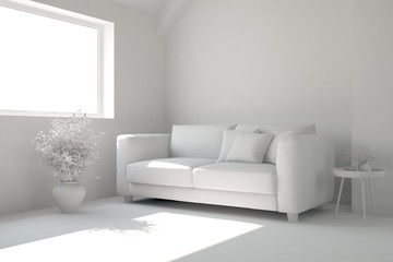 White room with sofa. Scandinavian interior design. 3D illustration
