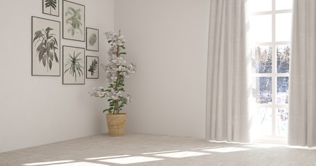 White empty room with winter landscape in window. Scandinavian interior design. 3D illustration
