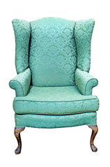 Isolated, furniture, threadbare, old, worn, green, Queen Anne, chair, style, wood, traditional,...