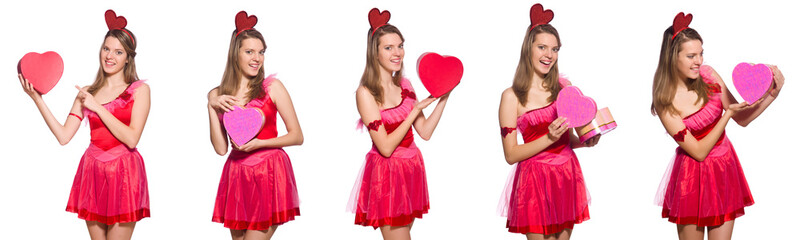 Girl in pretty pink dress with gift box isolated on white