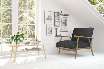 White room with armchair and green landscape in window. Scandinavian interior design. 3D illustration