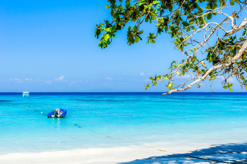 Fototapeta na wymiar Beautiful tropical beach, white sand and blue sky background.
