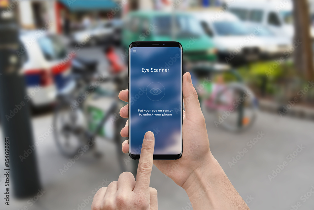 Poster eye scanner app on modern mobile phone. user interface flat design. street in background.
