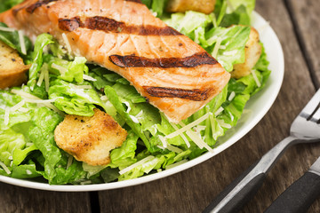 Salmon Caesar Salad with Croutons and Parmesan