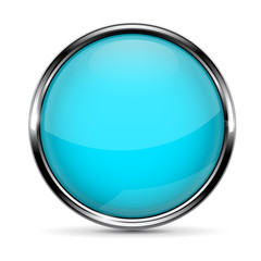 Blue glass round button with metal frame