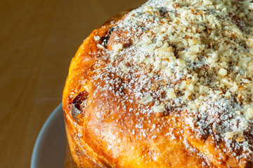 Closeup freshly baked round cake