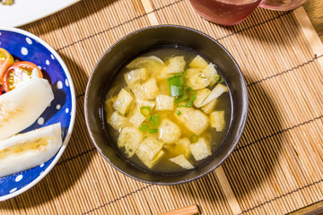 Homemade miso soup on the dining table.