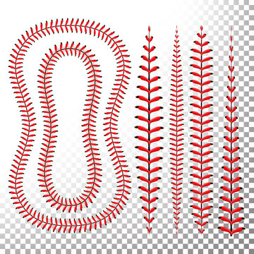 Baseball Stitches Vector. Lace From A Baseball Isolated On Transparent. Sports Ball Red Laces Set.