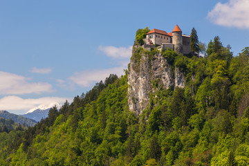 View of Bled Castle on the Bled Lake and Julian Alps, Slovenia