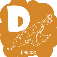 Vector vegetable alphabet for education. Illustration for kids. Letter D for Daikon.