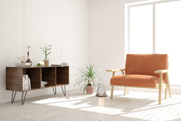 White modern room with armchair. Scandinavian interior design. 3D illustration