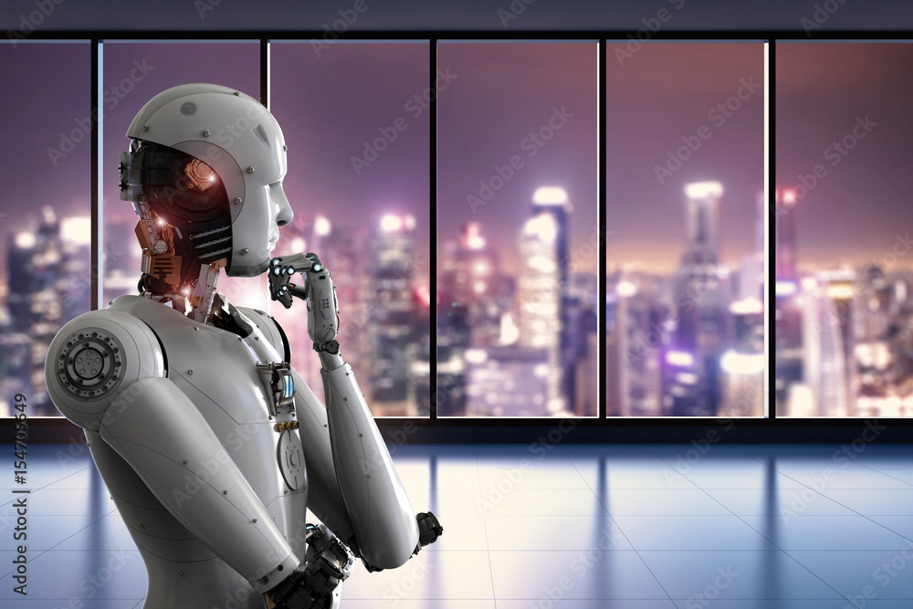 Poster android robot thinking in office
