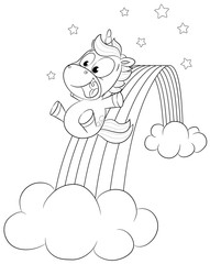 Niedliches Einhorn rutscht auf Regenbogen Vektor Illustration