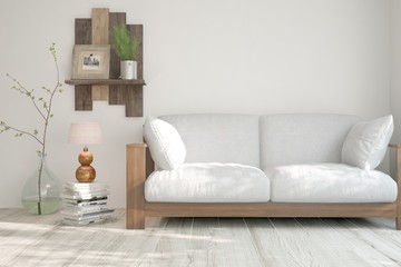 White modern room with sofa. Scandinavian interior design. 3D illustration