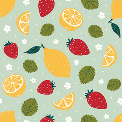 Strawberry and lemon bright seamless pattern isolated on green background. Vector illustration - 154706836