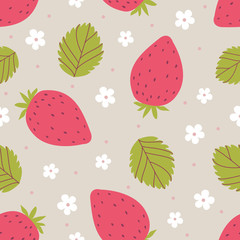 Strawberry seamless pattern in pink and green colors. Vector illustration