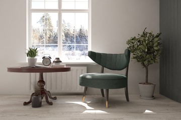 White room with armchair and winter landscape in window. Scandinavian interior design. 3D illustration