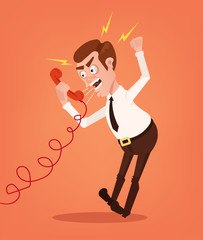 Angry businessman office worker consultant man character shouting and yelling on phone. Vector flat cartoon illustration