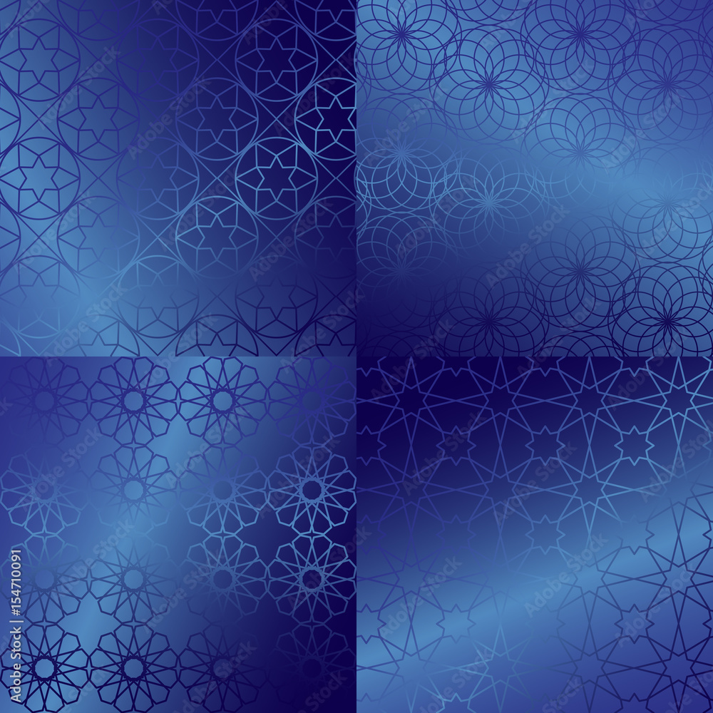 Wall mural Ramadan Kareem blue gold greeting card, banner, seamless pattern set. Vector arabic ornate geometric shining background in islamic style