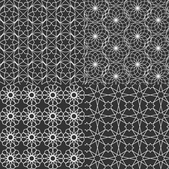 Ramadan Kareem black and white greeting card, banner, seamless pattern set. Vector arabic ornate geometric shining background in islamic style