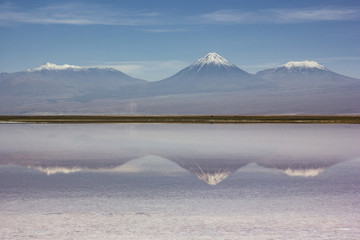 mirror surface of mountain lake surrounded by high peaks