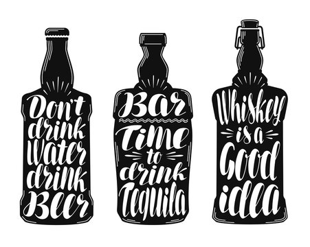 Alcohol drink, beverage label set. Collection decorative elements for menu restaurant or pub, bar. Lettering, calligraphy vector illustration