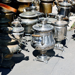 Vintage Russian retro samovars at the flea market