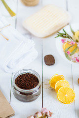 Spa and bathroom aromatherapy accessories with lemon fruit.