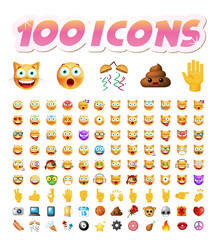 Set of 100 Cute Icons on White Background. Isolated Vector Illustration