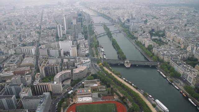 View of cityscape of Paris, Ile de France, France from Seine river to stadium from the Centre sportif Emile Anthoine