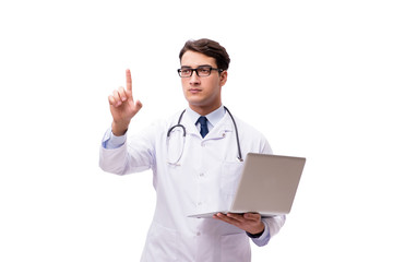 Doctor with laptop isolated on white background