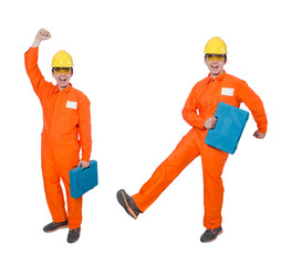 Man in orange coveralls isolated on white