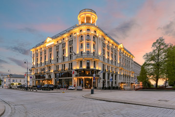 Beautiful house in central part of Warsaw in the evening.