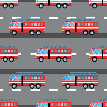 Fire truck car vector illustration seamless pattern cartoon fast emergency service transportation