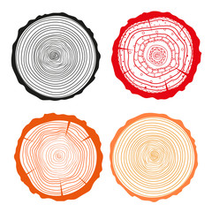 Tree rings. Set of cross section of the tree. Set of tree rings on isolation background. Conceptual graphics. Line art