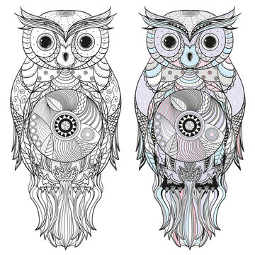 Owl. Design Zentangle. Hand drawn owl with abstract patterns on isolation background. Design for spiritual relaxation for adults.  Black and white illustration for coloring. Colored illustration.