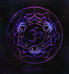 VECTOR Chakra symbol for Meditation. Esoteric illustration Chakra Sahasrara in violet color