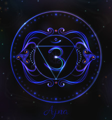 VECTOR Chakra symbol for Meditation. Esoteric illustration Chakra Ajna in indigo color

