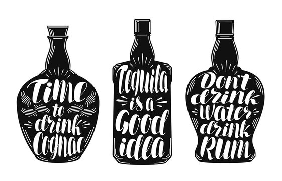 Alcoholic beverages, strong drink label set. Bottle, rum, cognac, tequila icon or logo. Lettering, calligraphy vector illustration
