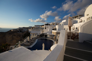 White architecture with pool on Santorini Island, Greece. 