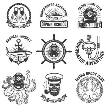 Set of scuba diving club emblems. Design elements for logo, label, emblem, sign. Vector illustration