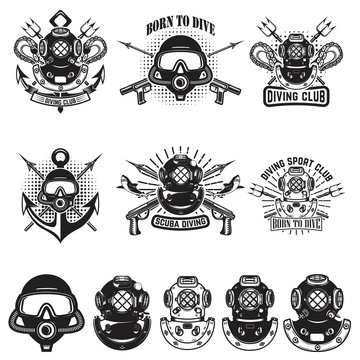 Set of vintage dive helmets. Diver emblems. Diver weapon. Vector illustration