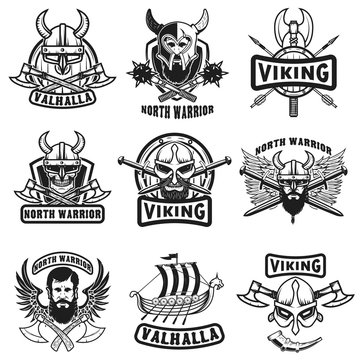 Set of vintage viking labels. Viking warrior in horned helmet, with beard, crossed axes, swords, shield. Design elements for logo, label, emblem, sign. Vector illustration